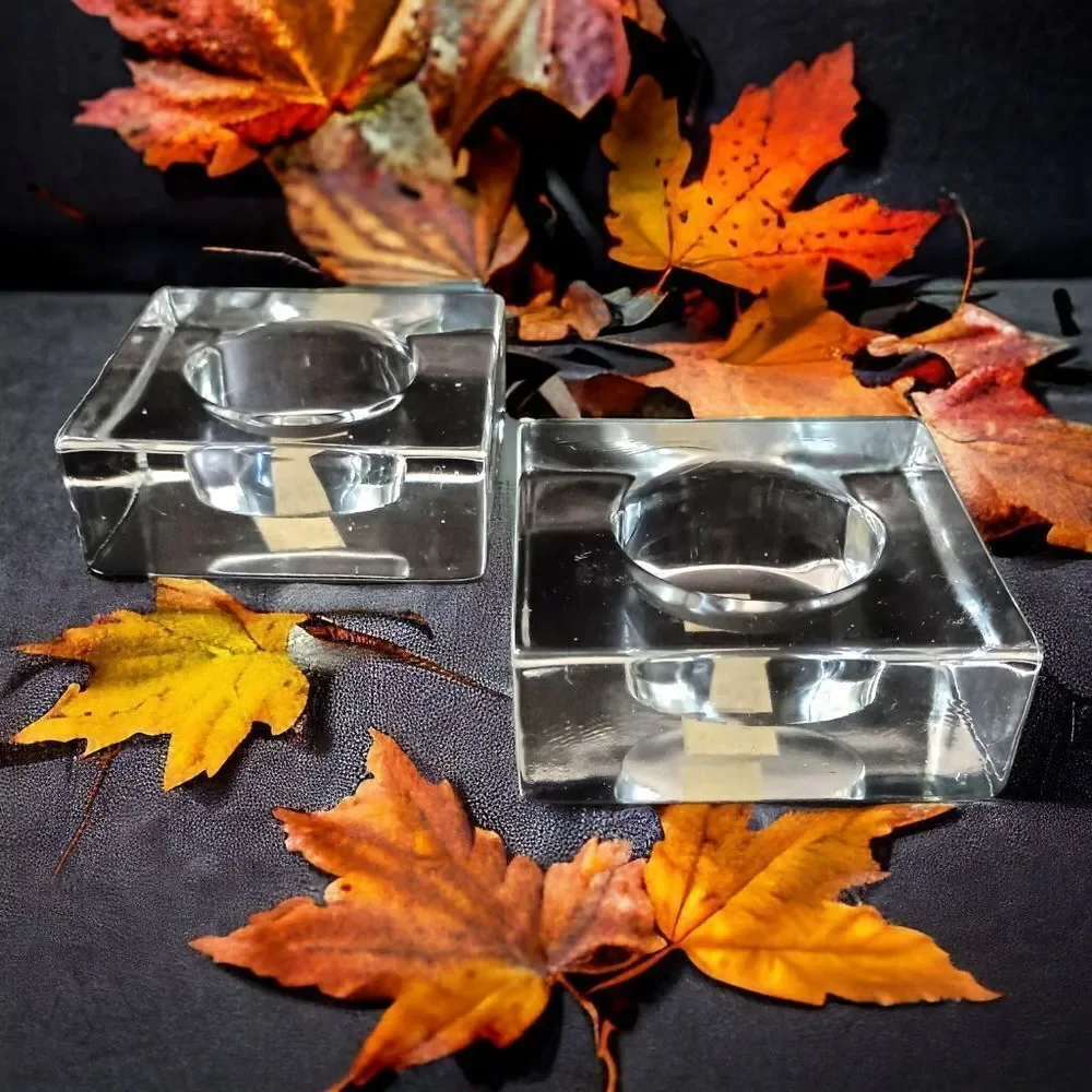 2 IKEA Glass Candle Holders Icy Clear Christmas Square Ice Cube Votive Tealight.